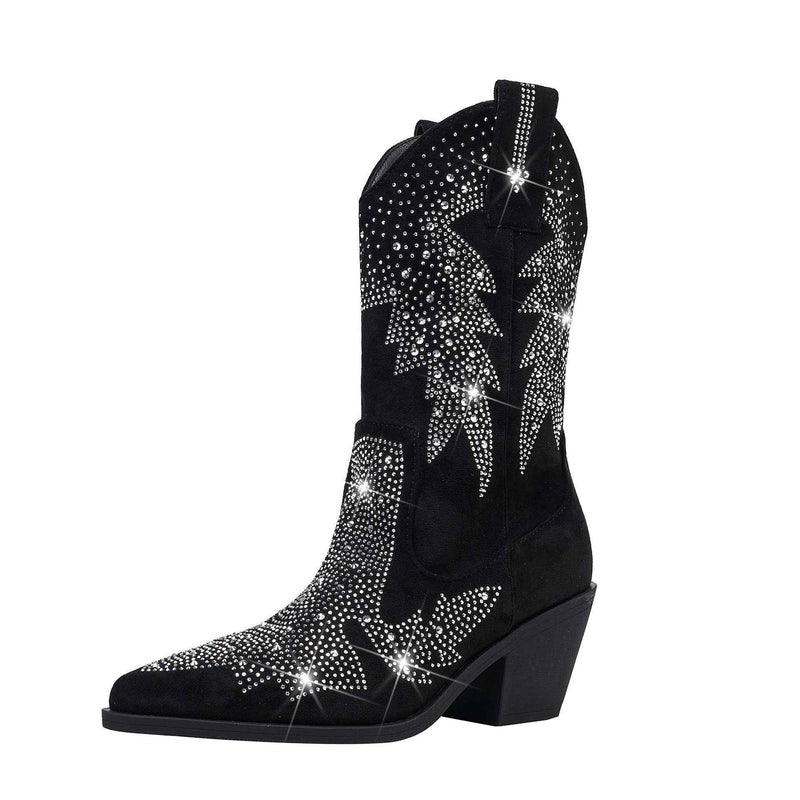 Sigrid | Women's Embellished Mid Calf Pointed Toe Boots Black