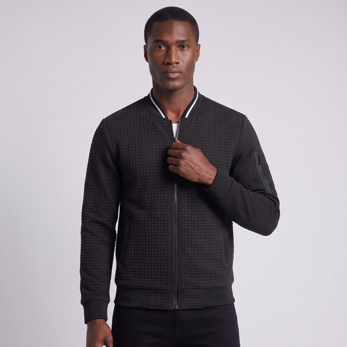 Percival Men's Textured Full Zip Bomber Jacket Black