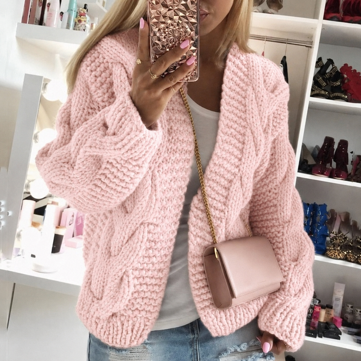 Clemence oversized cable knit cardigan in Pink