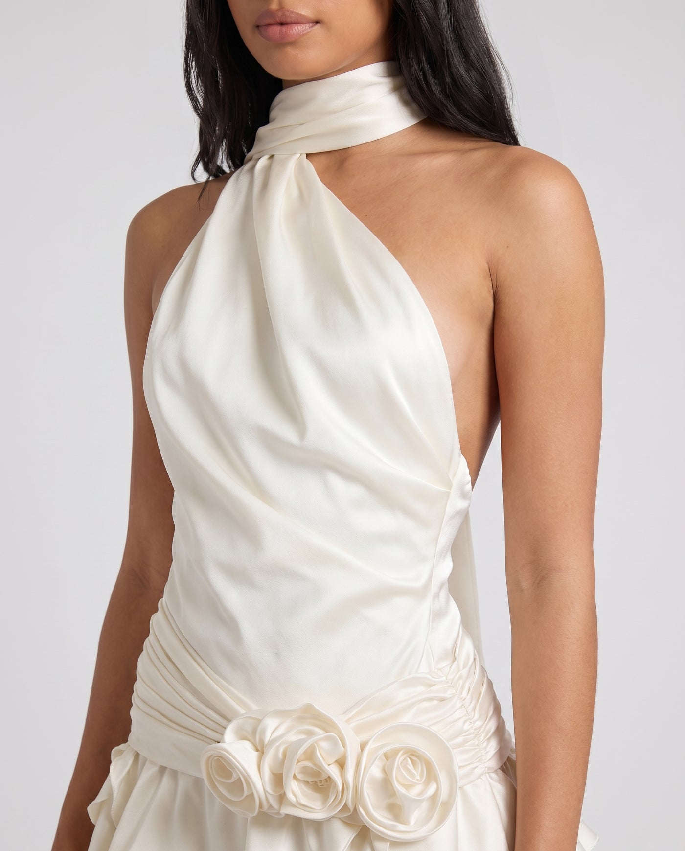 Noor Halter Neck Open-Back Bodycon Mini Dress Creamy White - Close-Up Detail