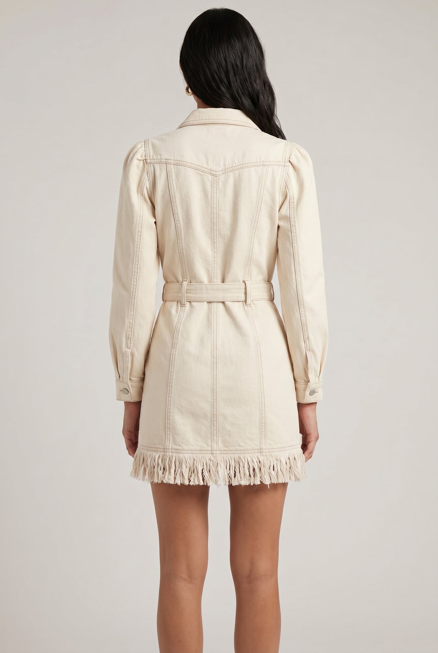 Cassidy Western Denim Fringe Mini Dress Cream - Back