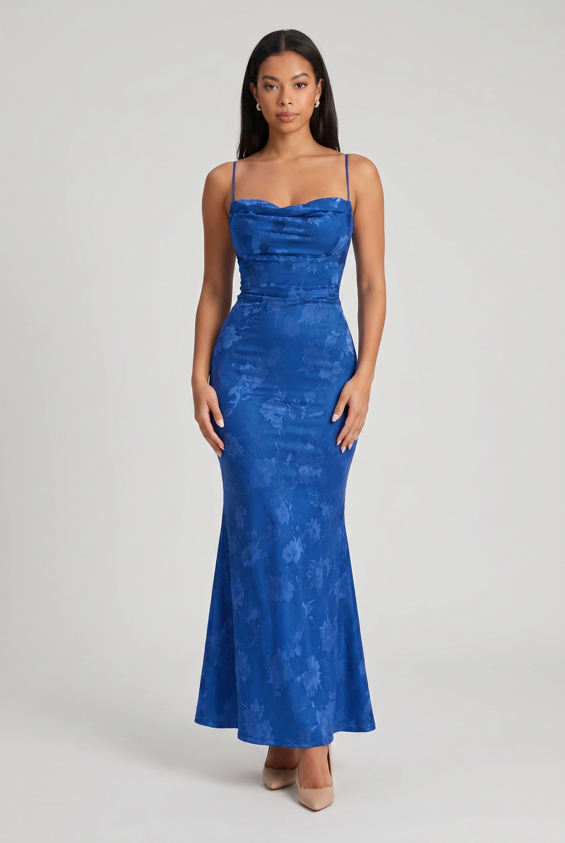 Maia Floral Strap Open-Back Maxi Floral Blue - Front