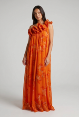 Delphine | One-Shoulder Floral Ruffle Maxi Cocktail Dress