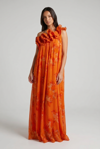 Delphine One-Shoulder Floral Ruffle Maxi Orange - Front