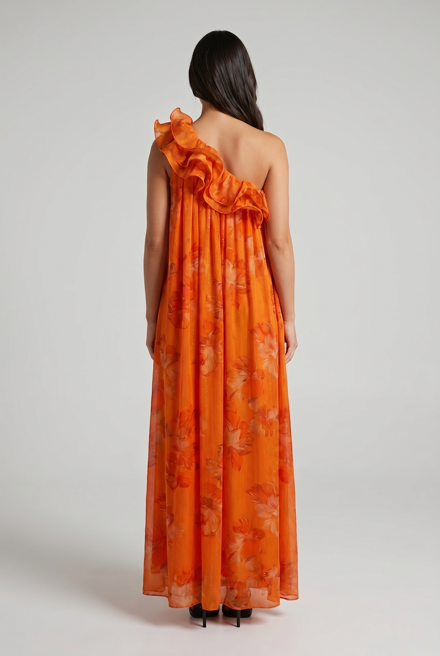 Delphine One-Shoulder Floral Ruffle Maxi Orange - Back