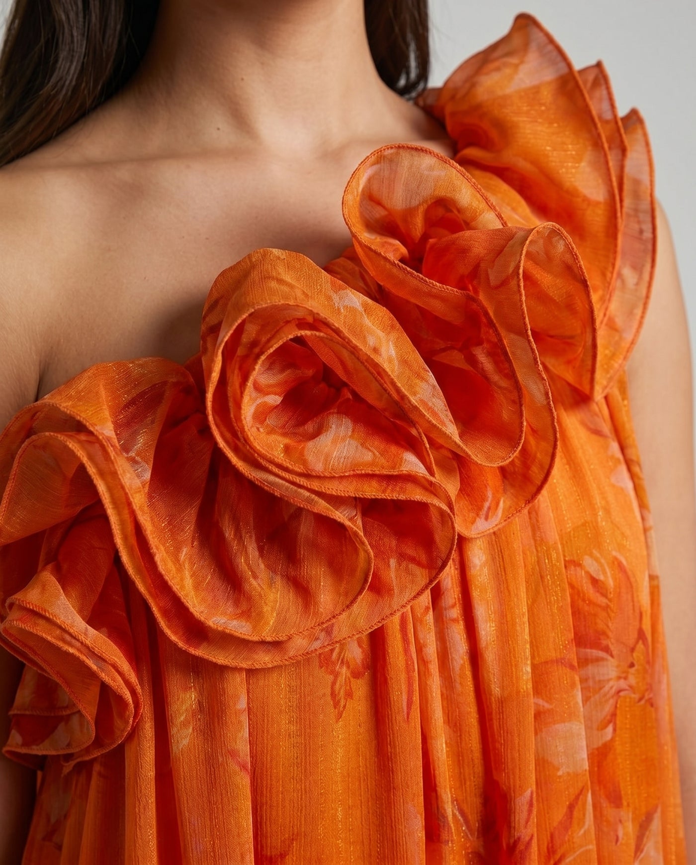 Delphine One-Shoulder Floral Ruffle Maxi Orange - Close-Up Detail