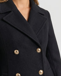 Beatrix Double-Breasted Wool-Blend Coat Black - Close-Up Detail
