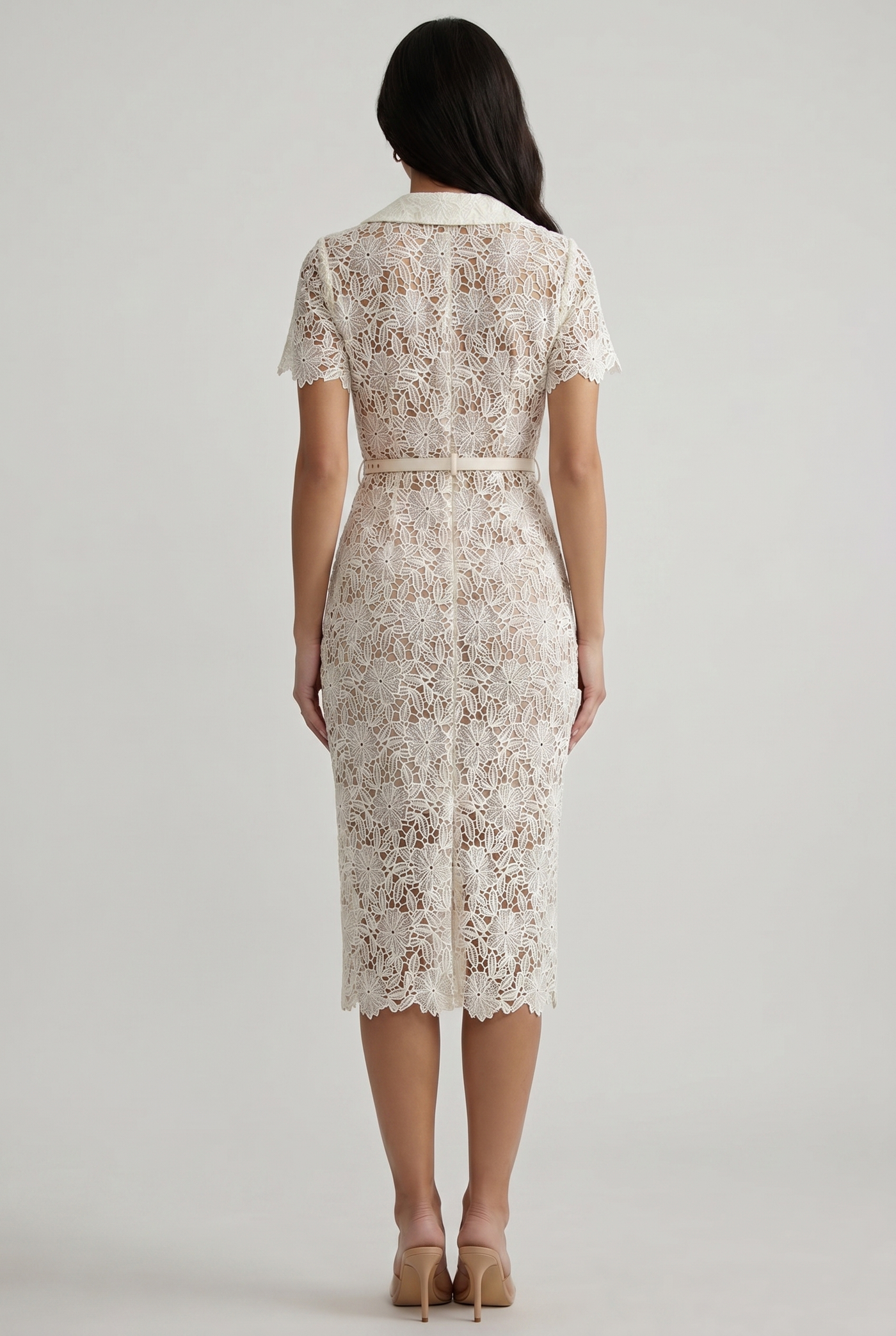 Colette V-Neck Embroidered Lace Midi Dress Beige - Back