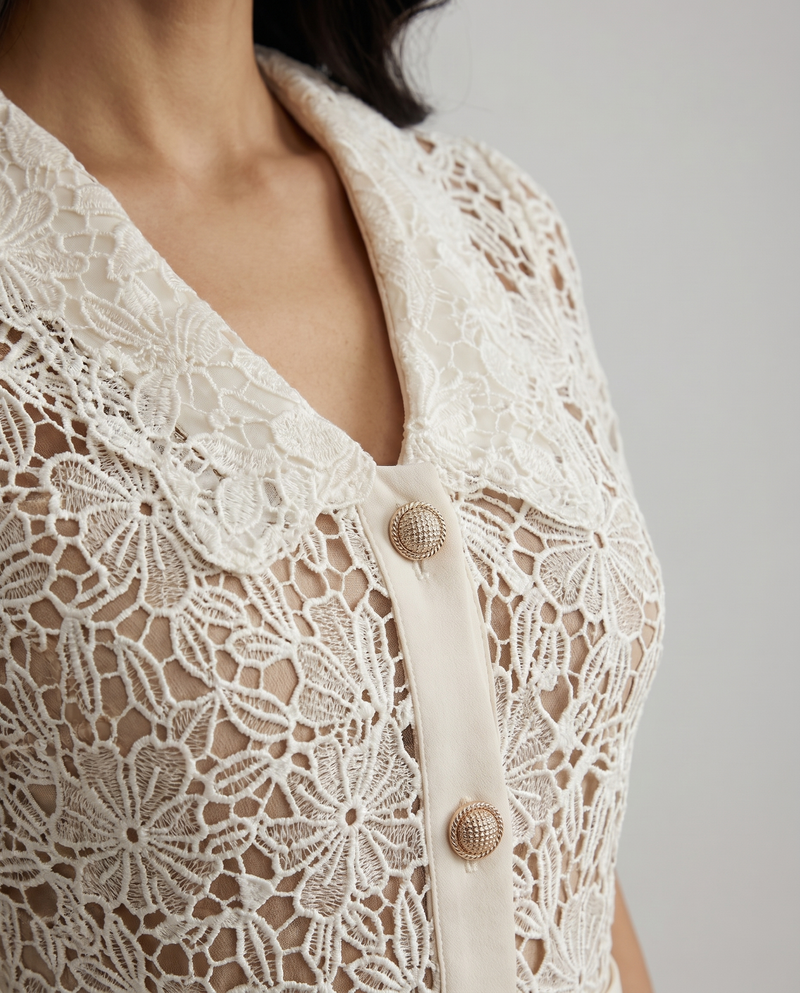 Colette V-Neck Embroidered Lace Midi Dress Beige - Close-Up Detail