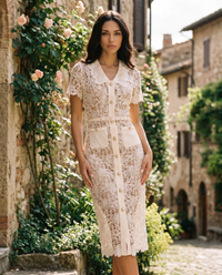 Colette V-Neck Embroidered Lace Midi Dress Beige - Lifestyle