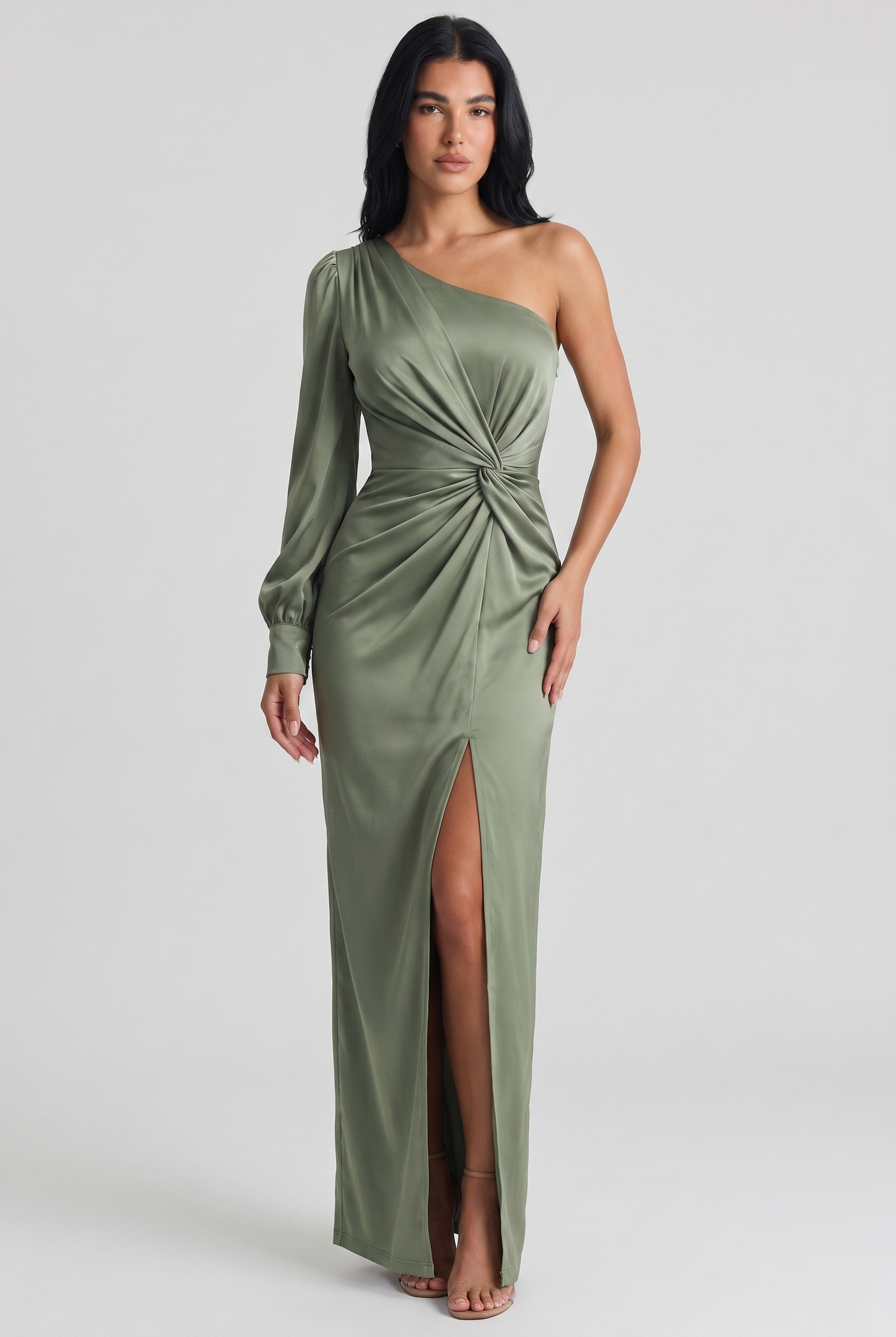 Adira One-Shoulder Flowing Maxi Dress Green - Front