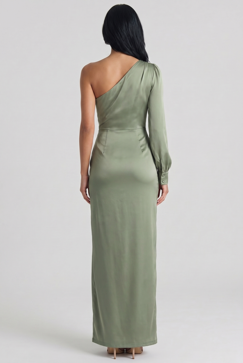 Adira One-Shoulder Flowing Maxi Dress Green - Back