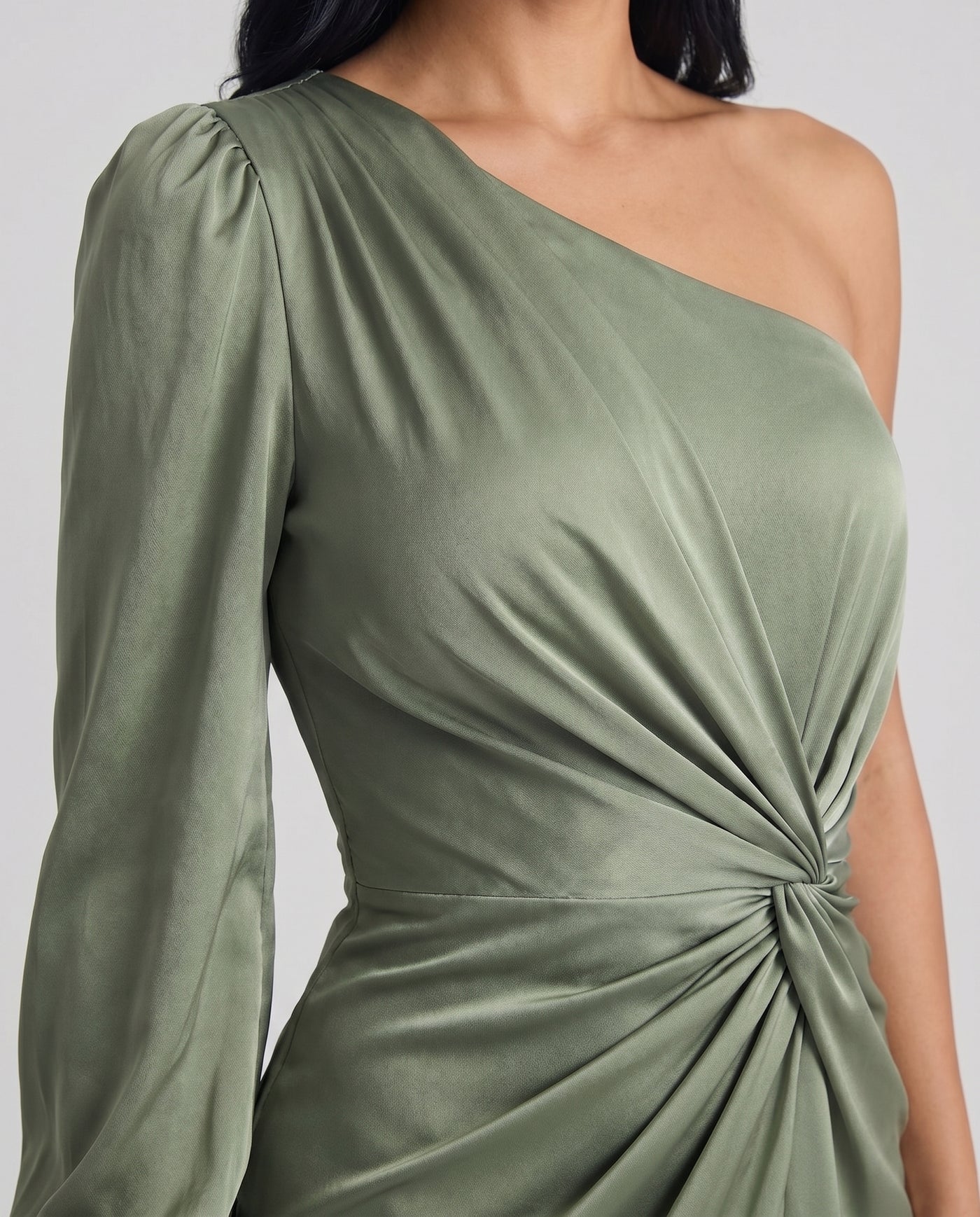 Adira One-Shoulder Flowing Maxi Dress Green - Close-Up Detail