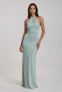 Talia Halter Ruched Satin Maxi Lagoon - Front