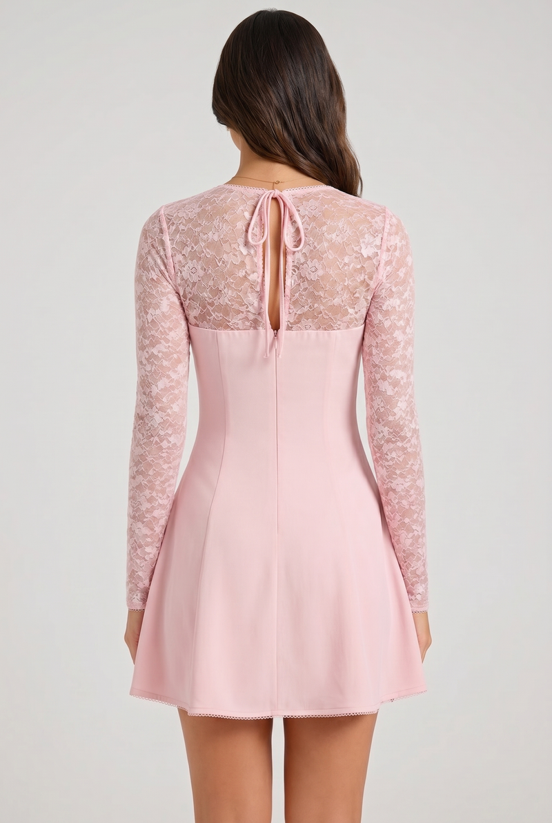 Elodie Floral Sheer Lace Mini Dress Pink - Back