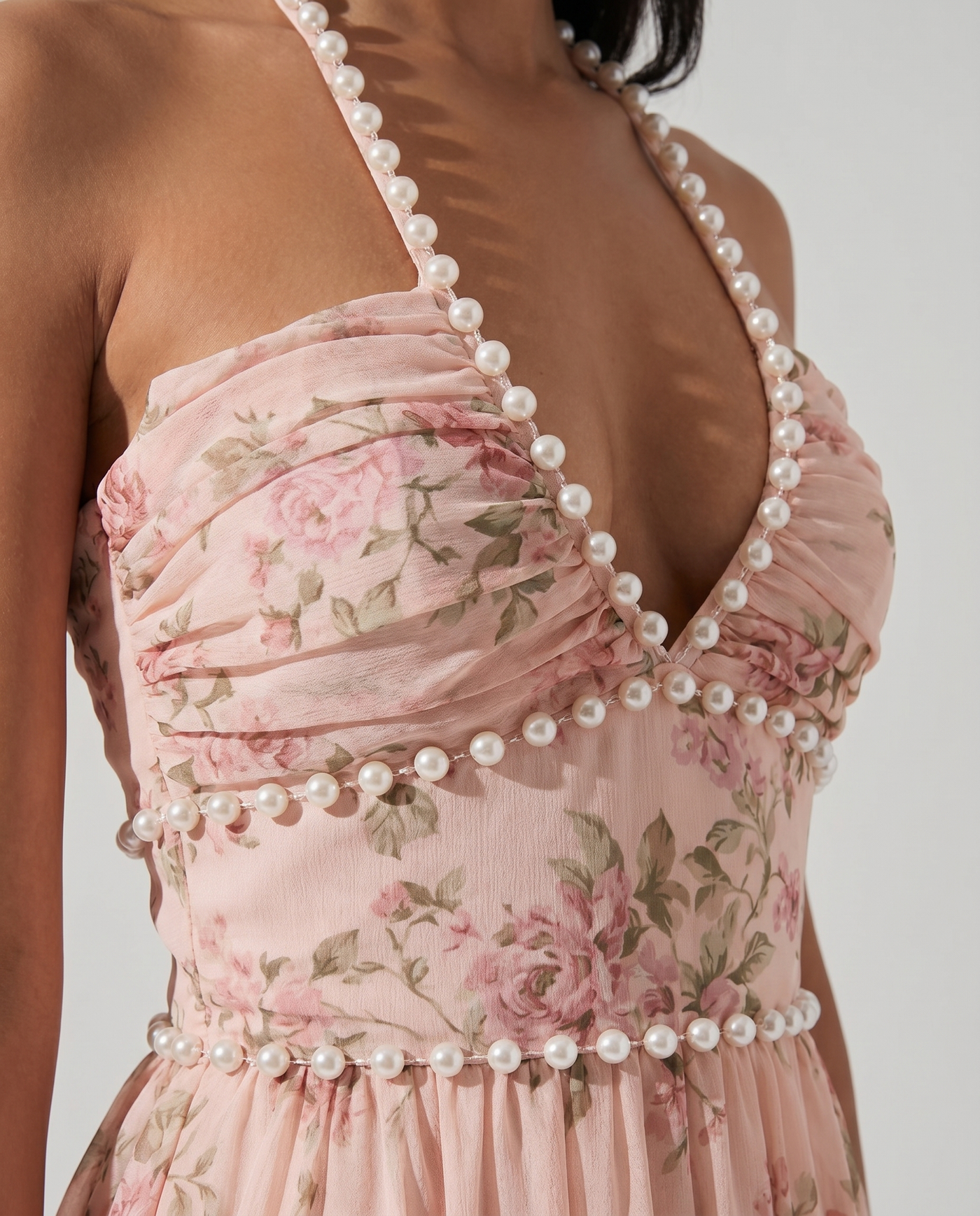 Saskia Sleeveless Floral A-Line Maxi Pink - Close-Up Detail