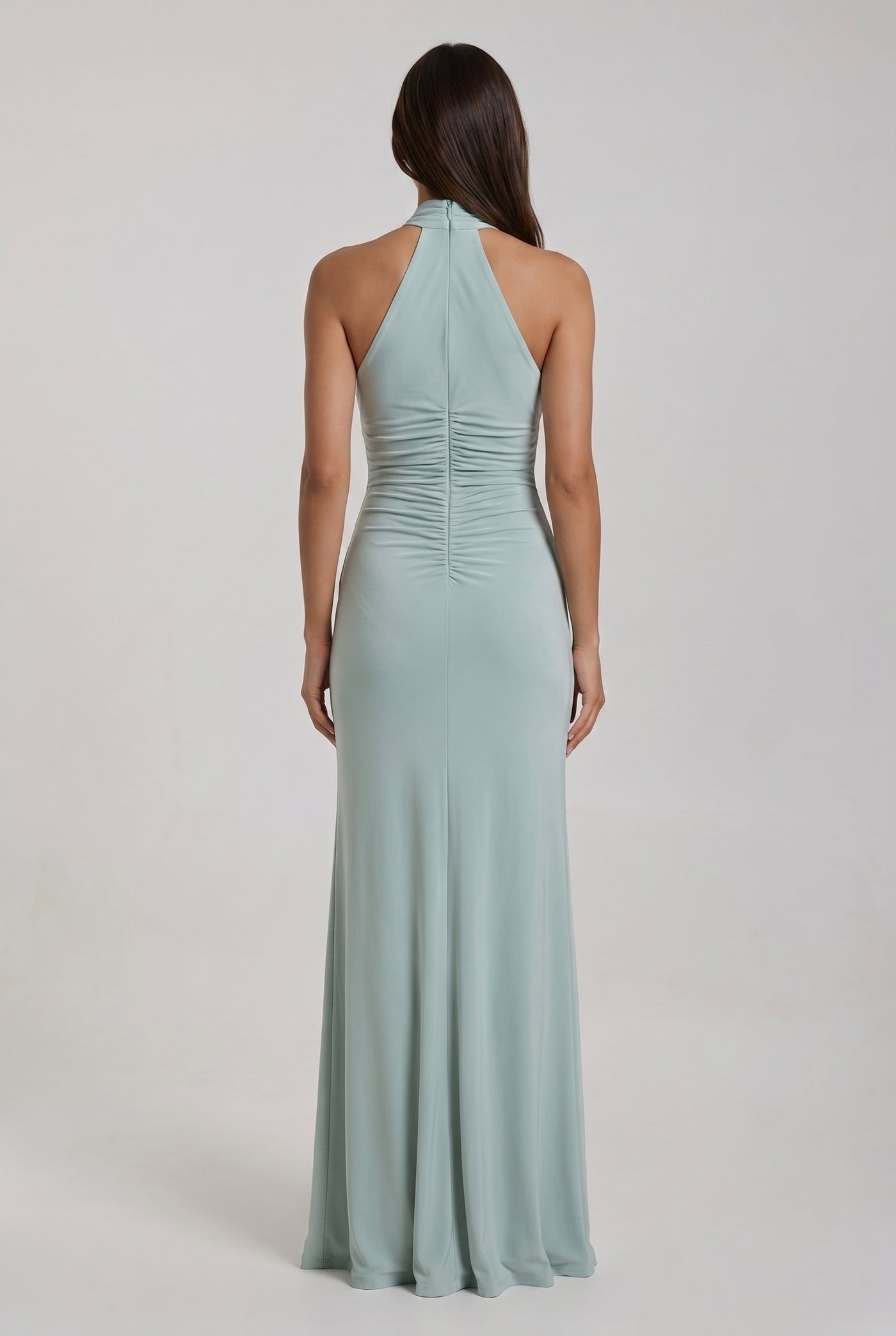 Talia Halter Ruched Satin Maxi Lagoon - Back