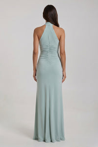 Talia Halter Ruched Satin Maxi Lagoon - Back