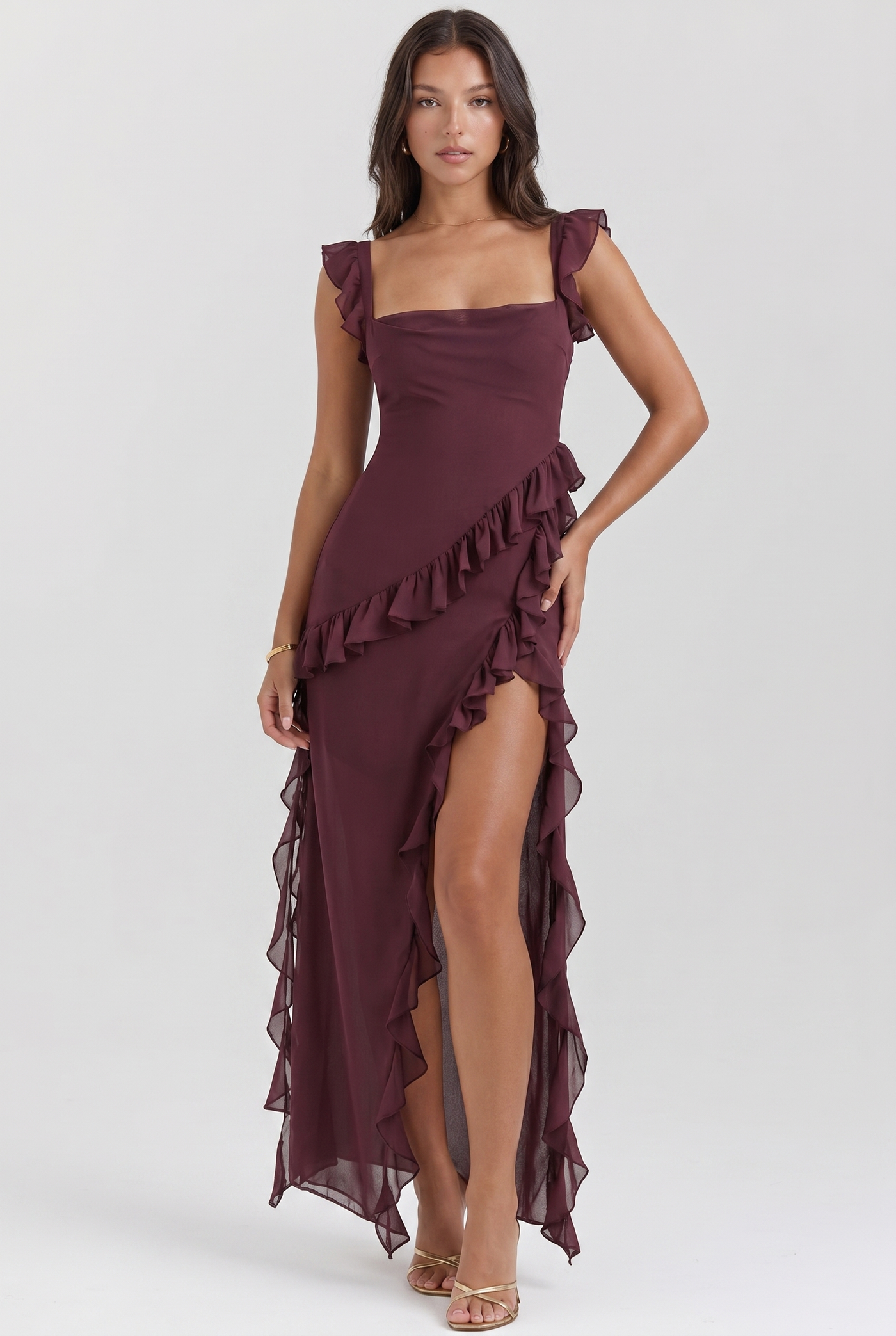 Fleur Ruffle-Sleeve Side-Split Maxi Burgundy - Front