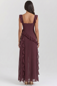 Fleur Ruffle-Sleeve Side-Split Maxi Burgundy - Back