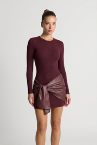 Roxy Faux Leather Patchwork Tie-Front Bodycon Mini Burgundy - Front