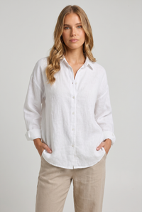 Marlowe Relaxed Button-Up Linen Shirt White - Front