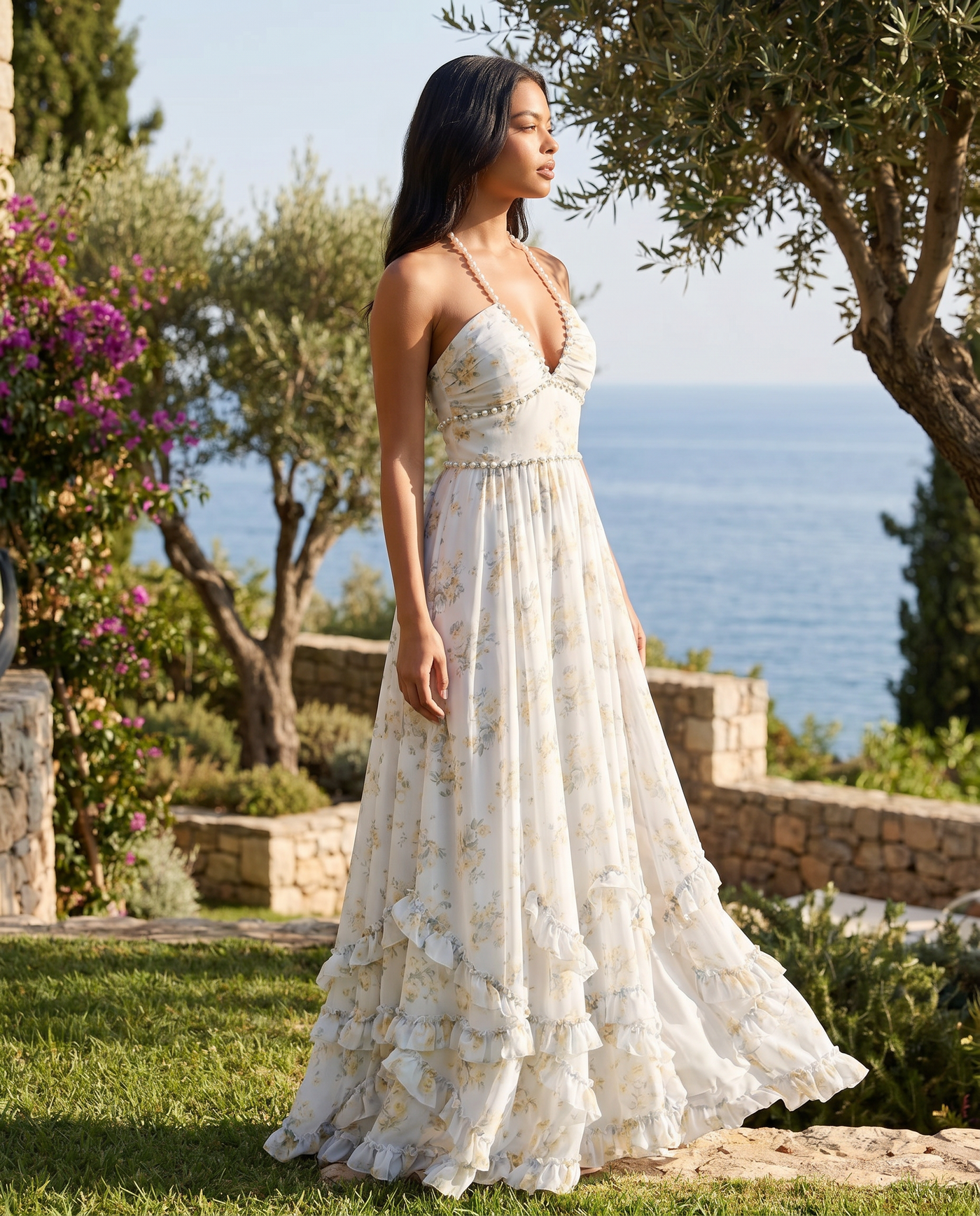 Saskia Sleeveless Floral A-Line Maxi White - Lifestyle