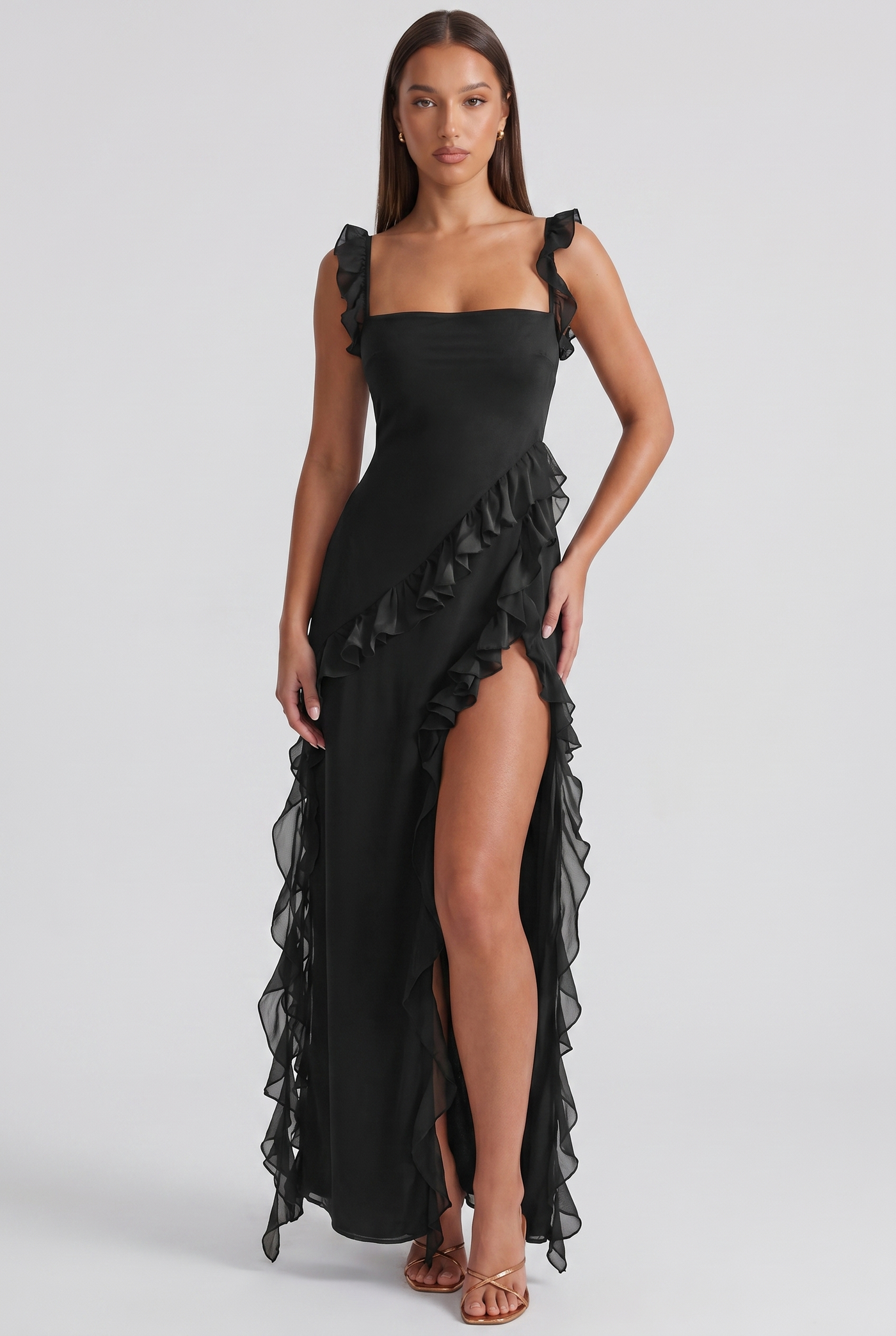 Fleur Ruffle-Sleeve Side-Split Maxi Black - Front
