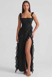 Fleur Ruffle-Sleeve Side-Split Maxi Black - Front