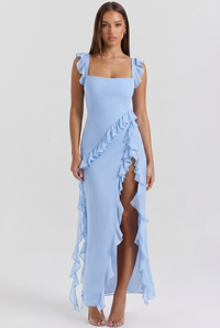 Fleur Ruffle-Sleeve Side-Split Maxi Blue - Front