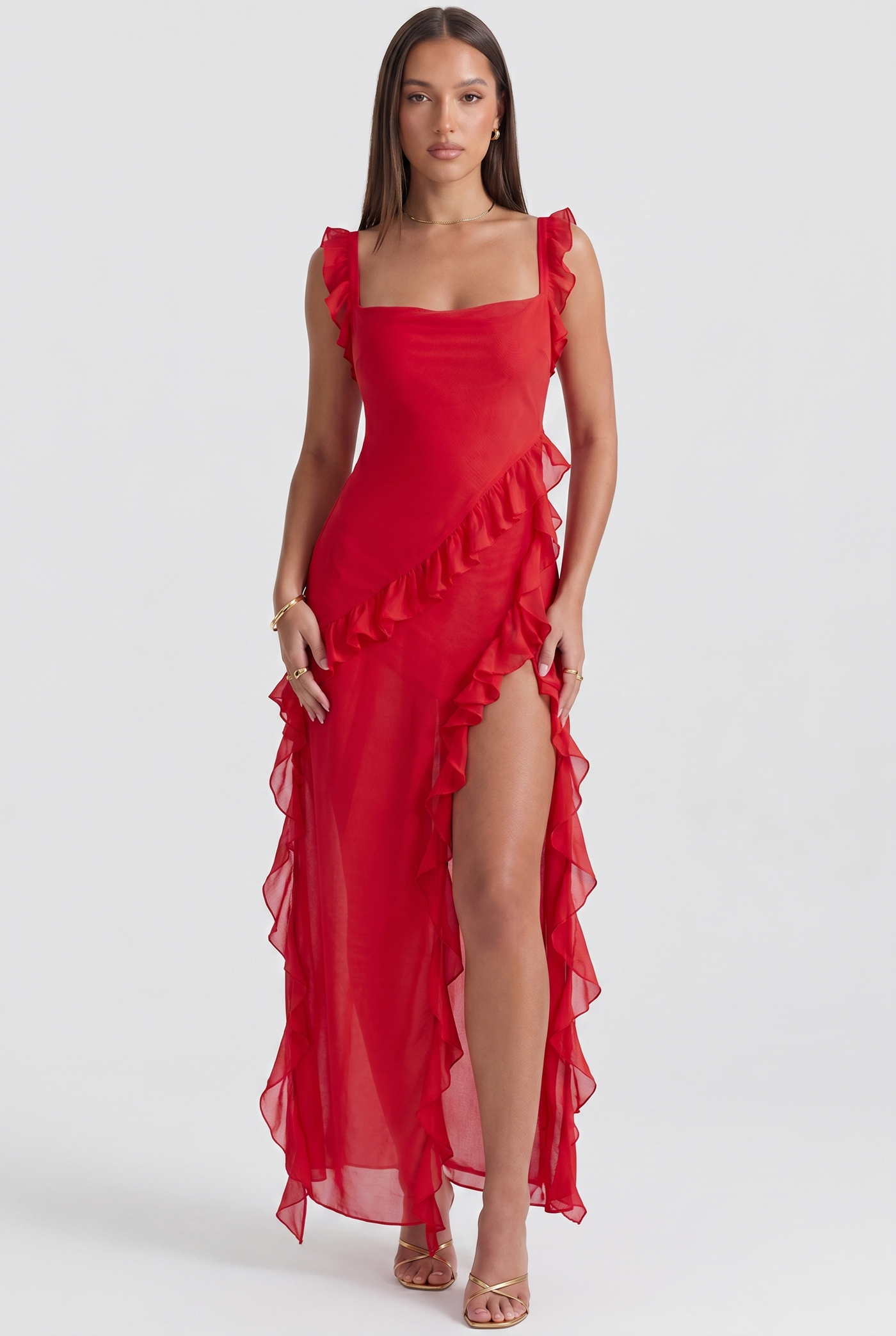 Fleur Ruffle-Sleeve Side-Split Maxi Red - Front