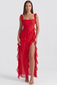 Fleur Ruffle-Sleeve Side-Split Maxi Red - Front