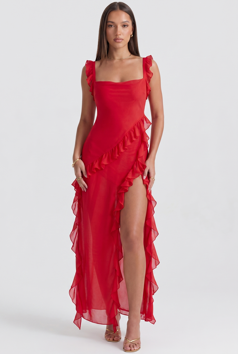 Fleur Ruffle-Sleeve Side-Split Maxi Red - Front