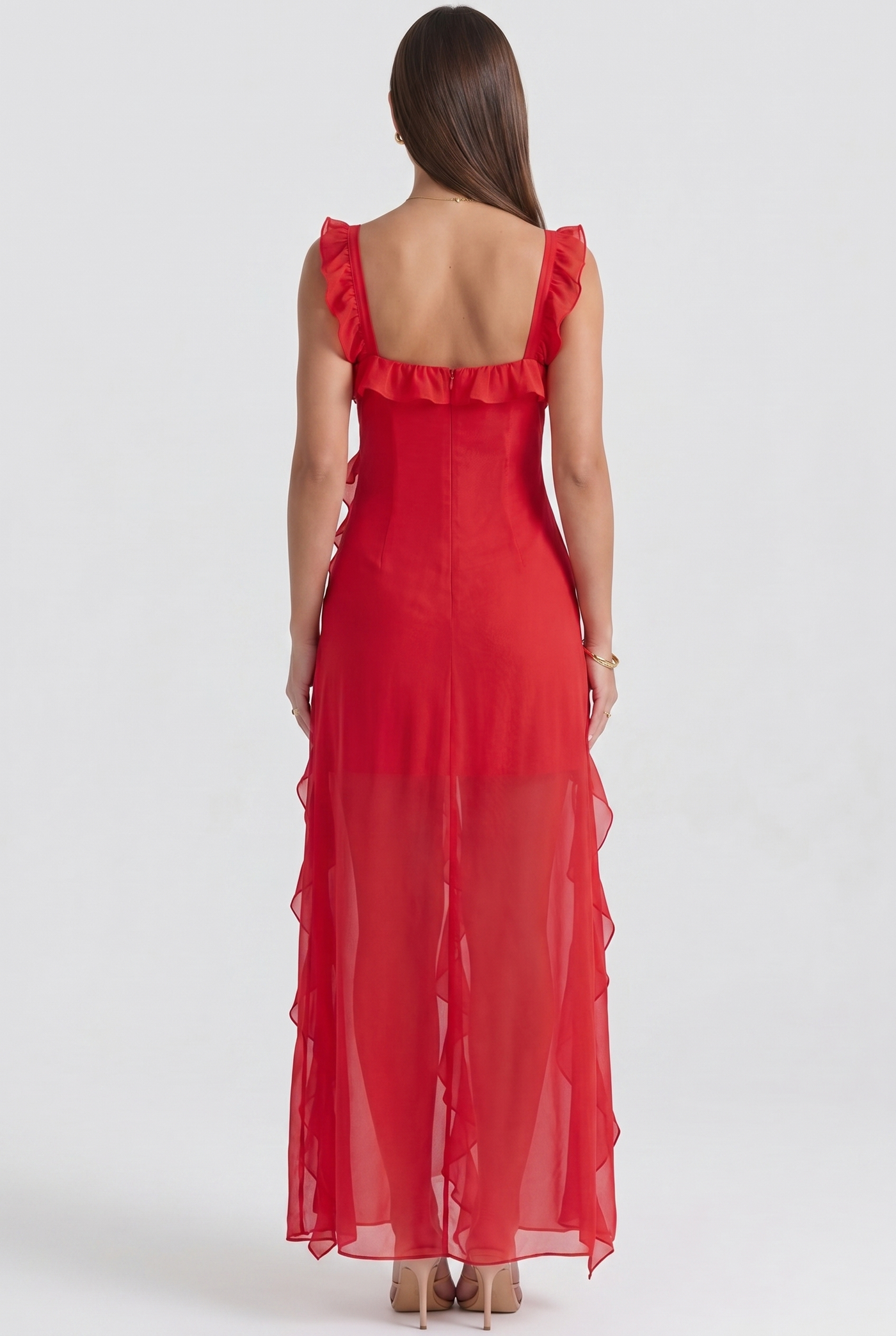 Fleur Ruffle-Sleeve Side-Split Maxi Red - Back