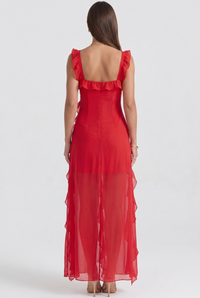 Fleur Ruffle-Sleeve Side-Split Maxi Red - Back