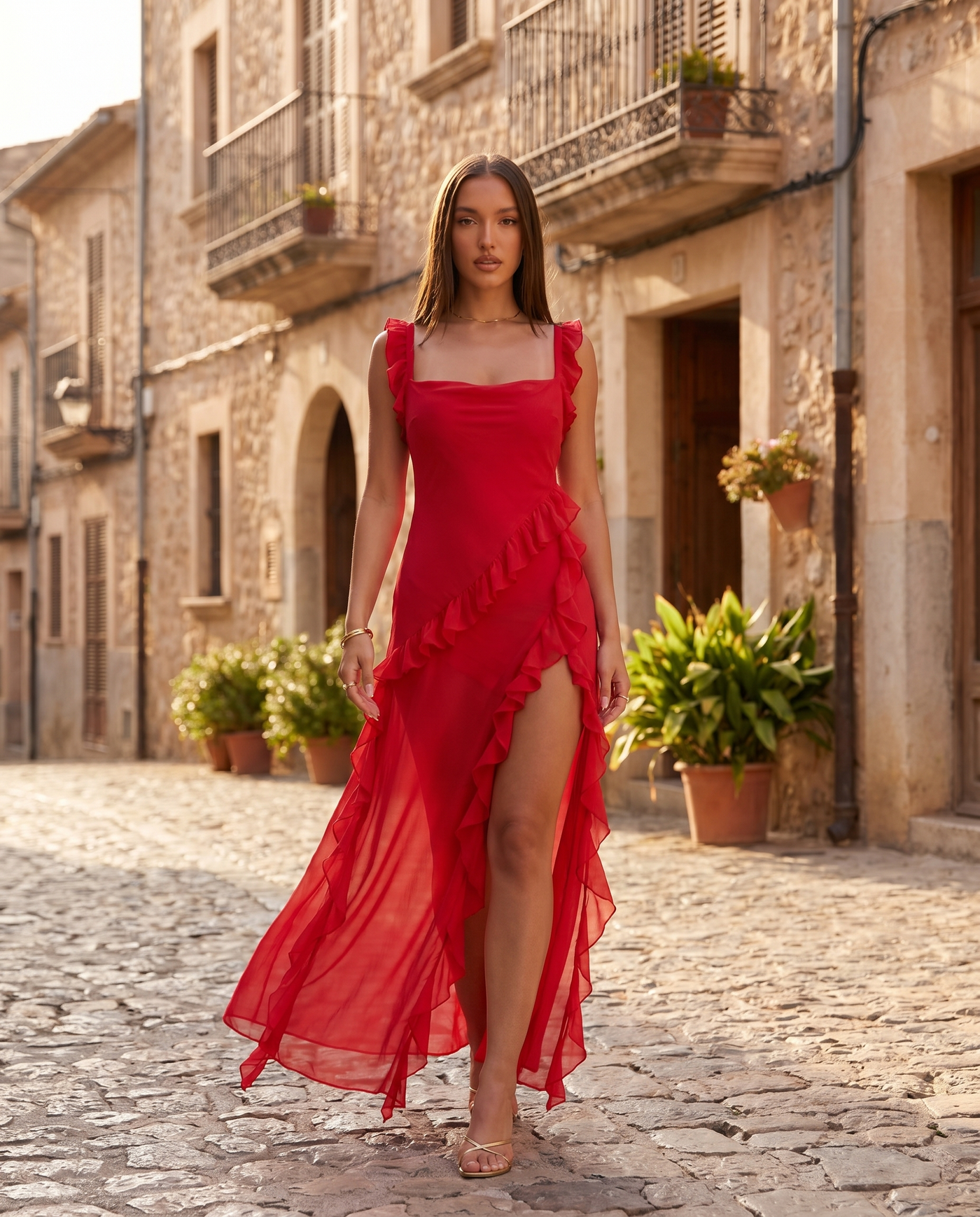 Fleur Ruffle-Sleeve Side-Split Maxi Red - Lifestyle