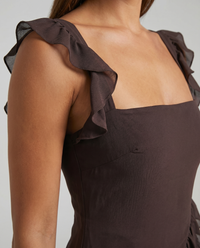 Fleur Ruffle-Sleeve Side-Split Maxi Brown - Close-Up Detail