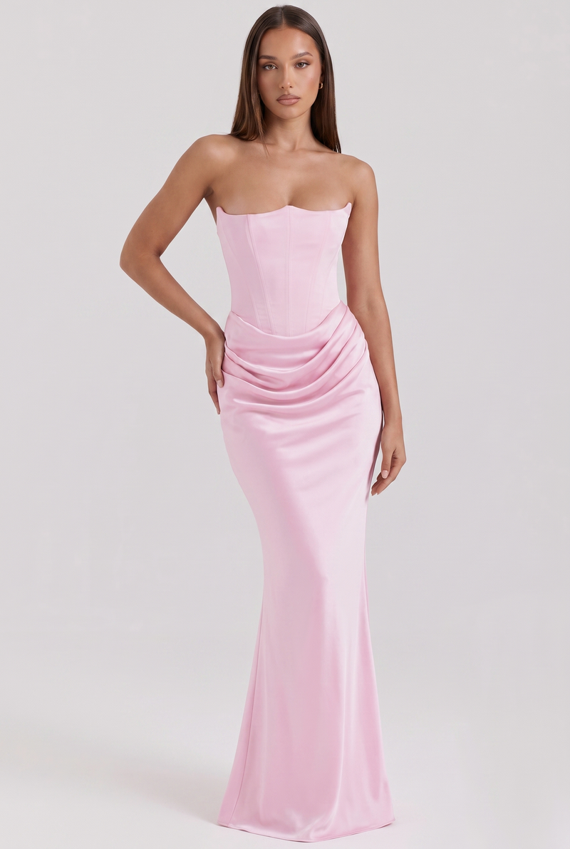 Anouk Draped Pleated Strapless Maxi Pink - Front