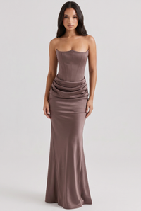 Anouk Draped Pleated Strapless Maxi Brown - Front