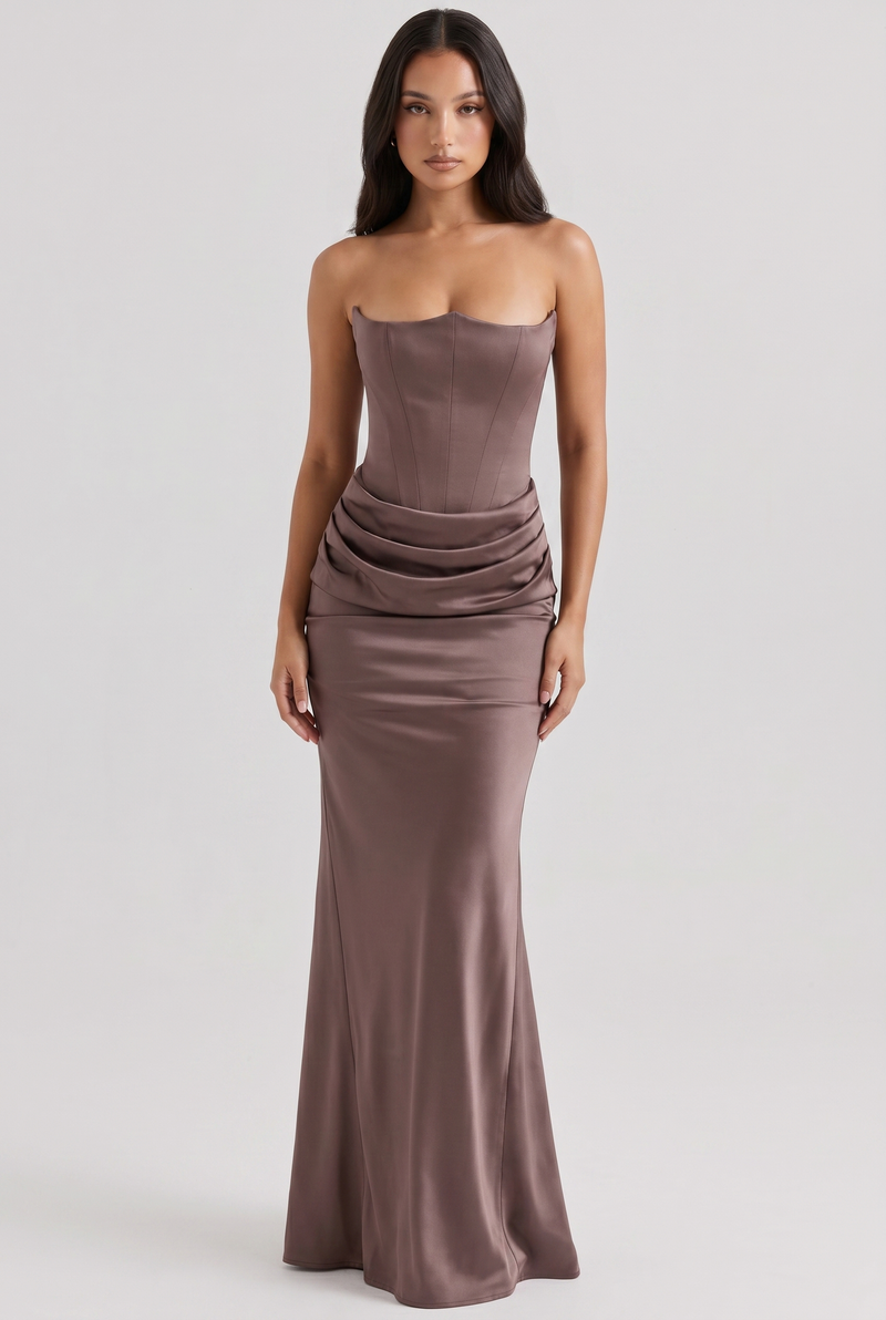Anouk Draped Pleated Strapless Maxi Brown - Front