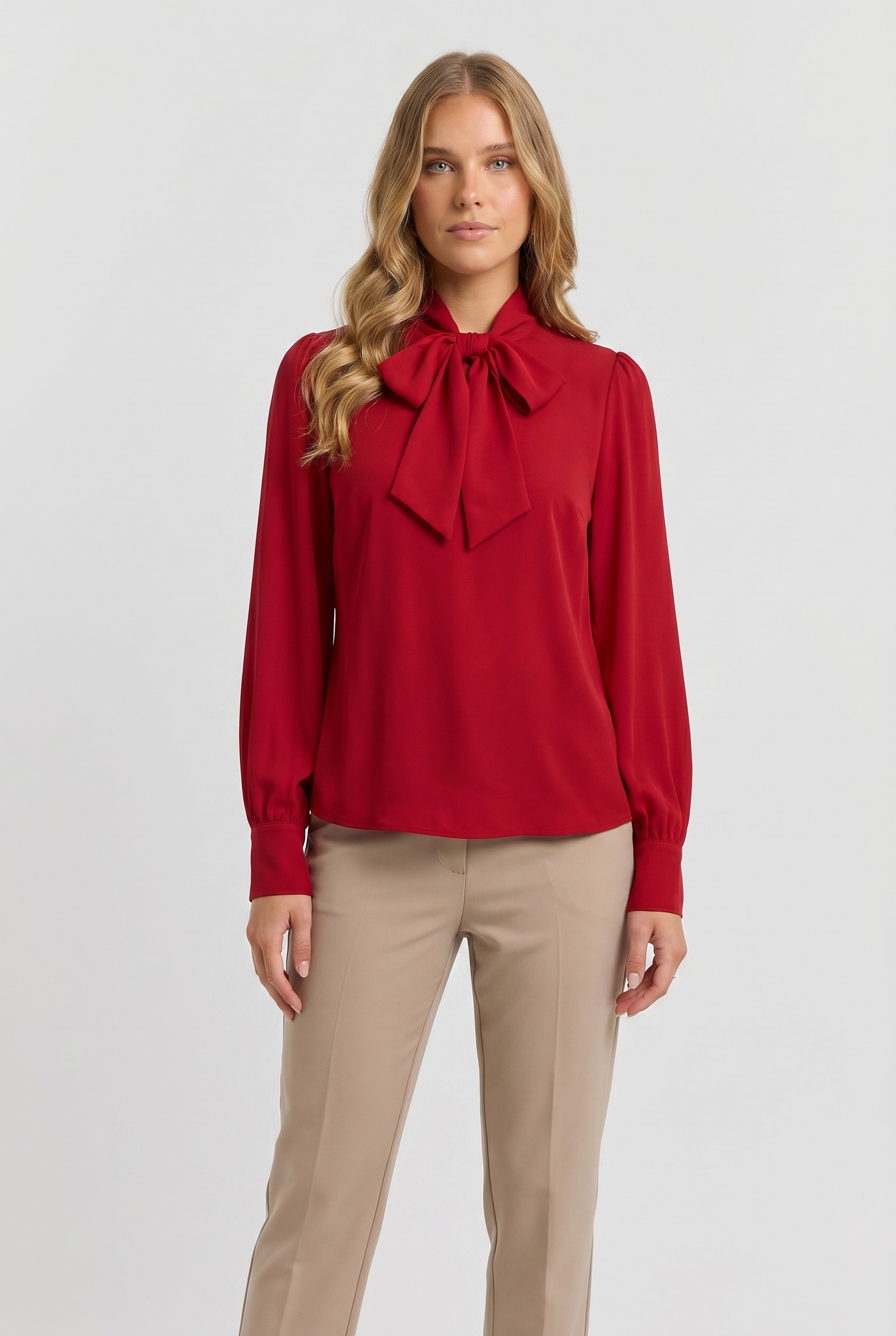 Margot Bow-Tie Draped Blouse Red - Front
