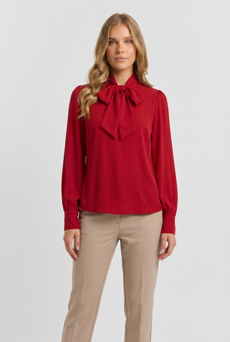 Margot Bow-Tie Draped Blouse Red - Front