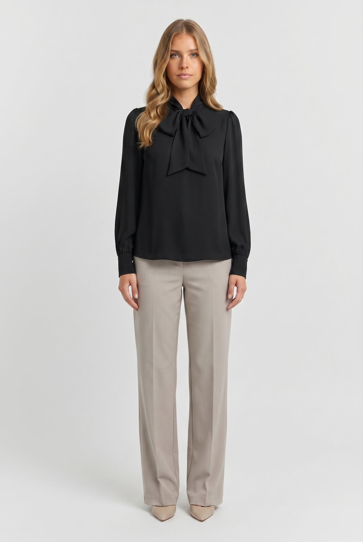 Margot Bow-Tie Draped Blouse Black - Front
