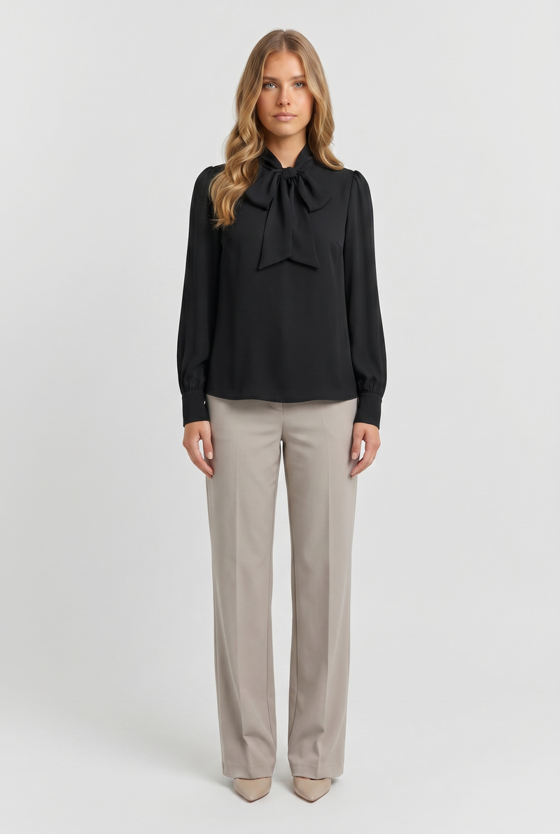 Margot Bow-Tie Draped Blouse Black - Front
