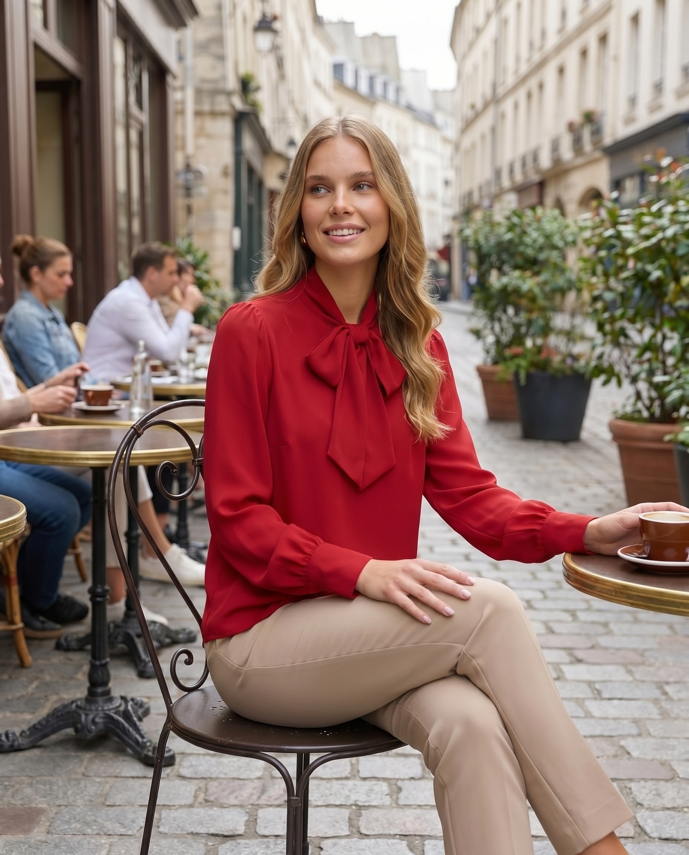 Margot Bow-Tie Draped Blouse Red - Lifestyle
