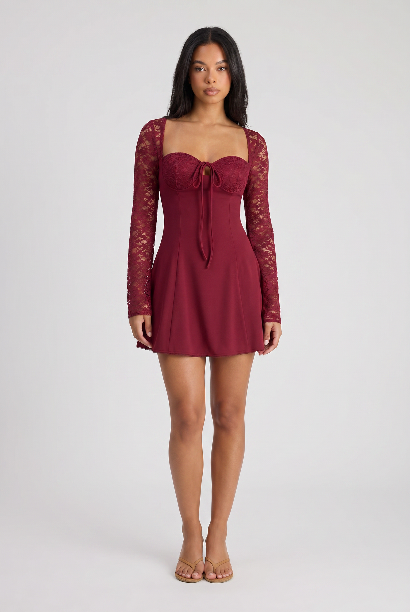 Elodie Floral Sheer Lace Mini Maroon - Front