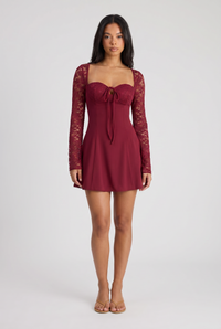 Elodie Floral Sheer Lace Mini Maroon - Front