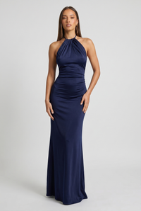 Talia Halter Ruched Satin Maxi Navy Blue - Front