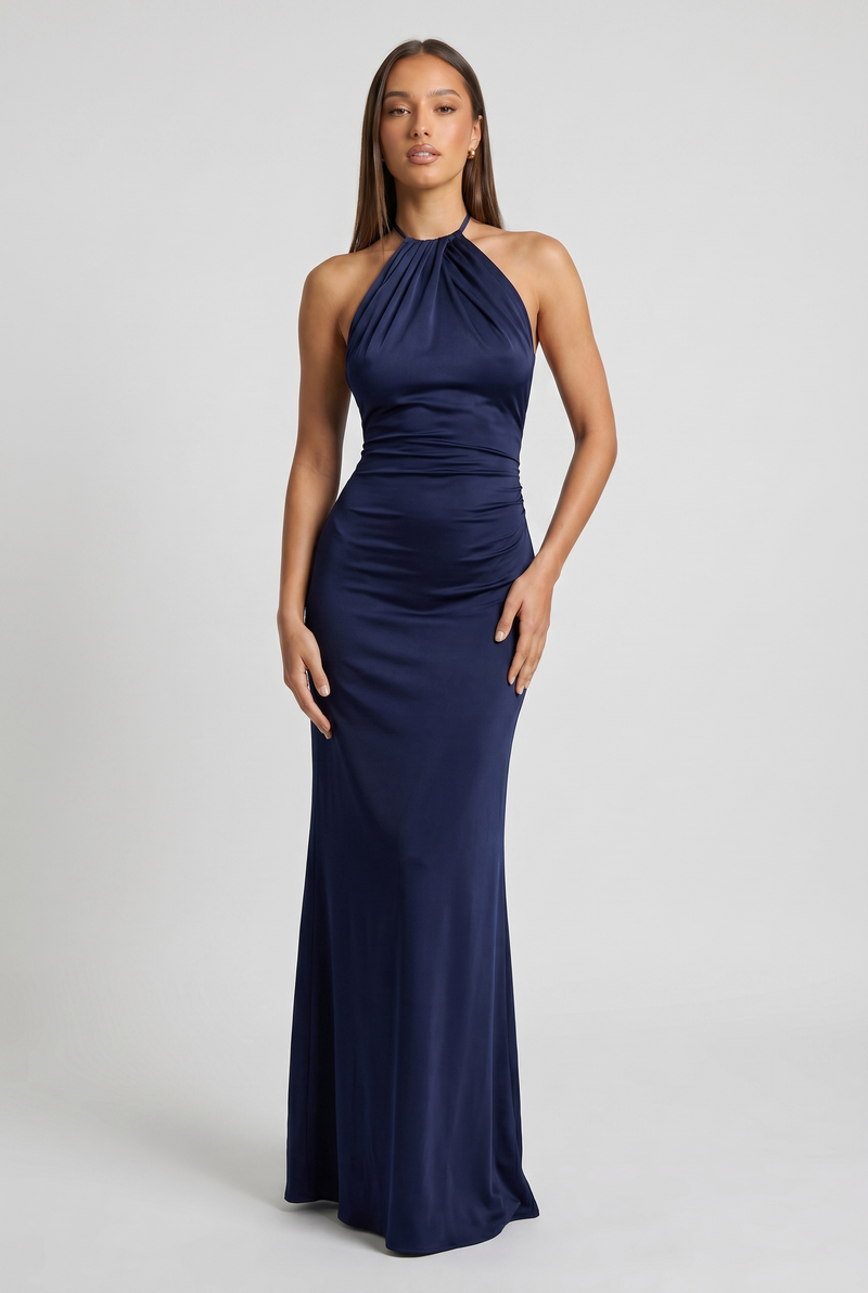 Talia Halter Ruched Satin Maxi Navy Blue - Front