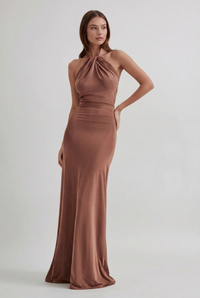 Talia Halter Ruched Satin Maxi Brown - Front